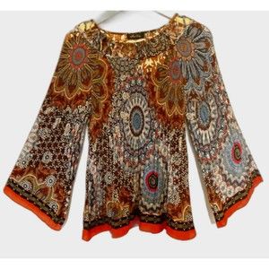 Melissa Paige Tunic Top Medium Fiesta Print Crinkle Colorful Cutout Flowy